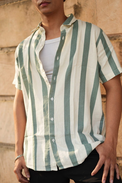 DUSKY WHITE AND GREEN STRIPES HALF SLEEVES SHIRT image 1