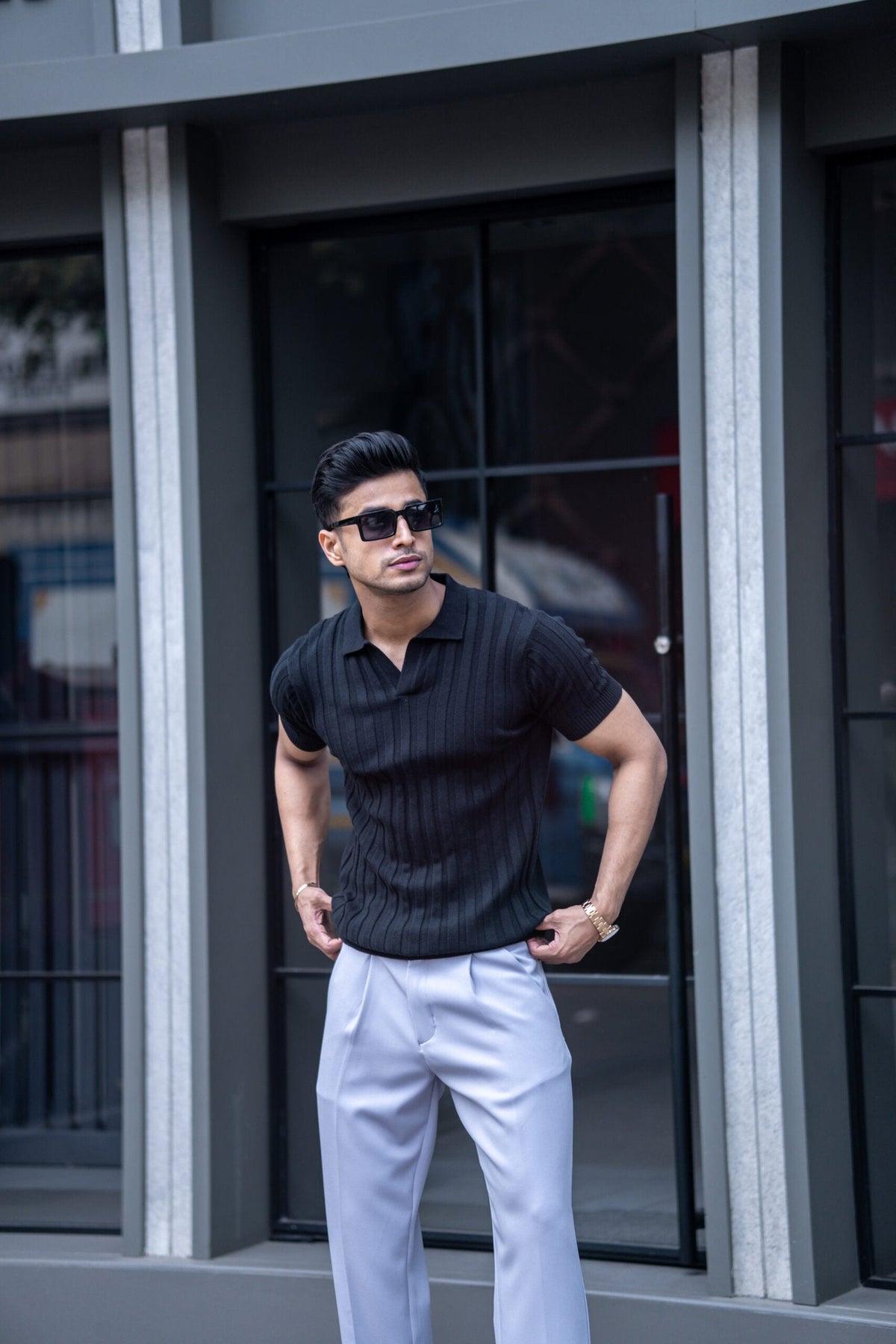 RIBBED KNITTED BLACK HALF SLEEVES POLO T-SHIRT image 4