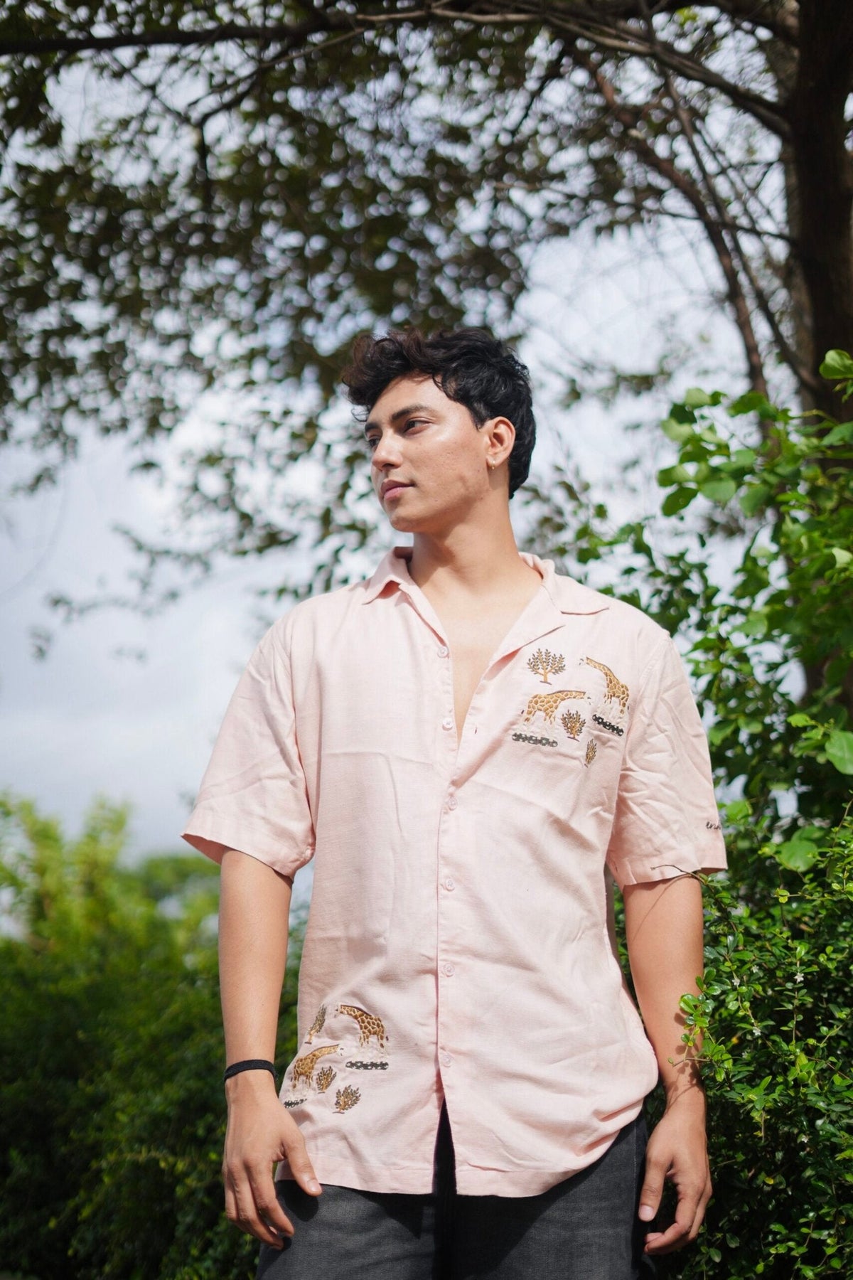 Peach Giraffe Grove Cuban Collar Shirt With Tree Embroidery image 1