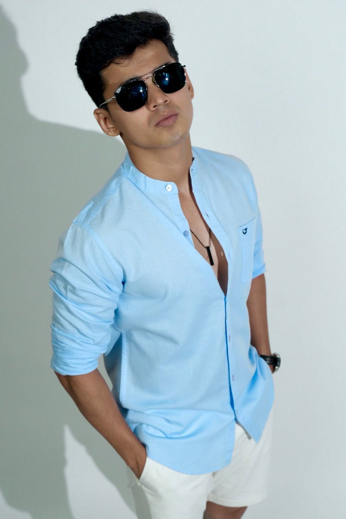 Cotton Linen Chinese Collar Sky Blue Shirt image 0