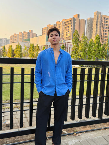 ROYAL BLUE COTTON LINEN CHINESE COLAR SHIRT image 0
