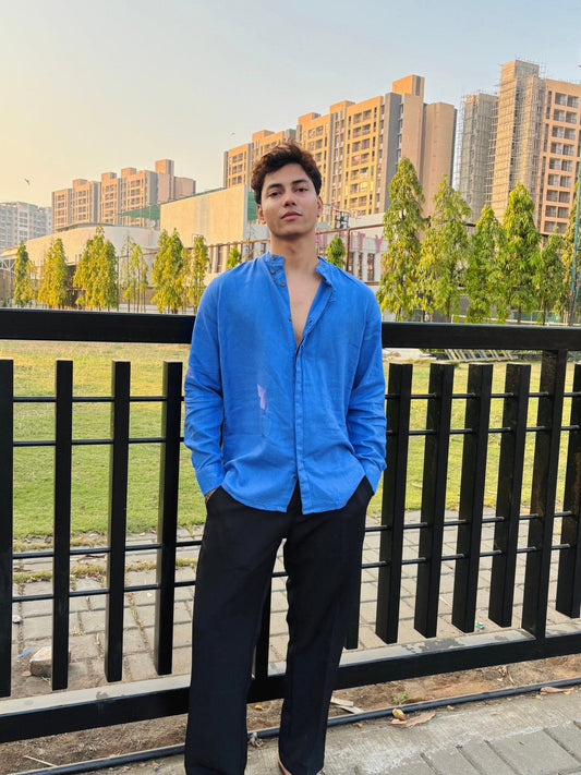 ROYAL BLUE COTTON LINEN CHINESE COLAR SHIRT image 0