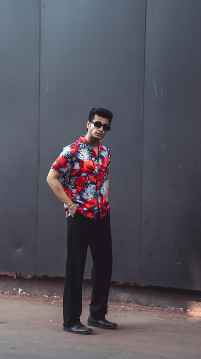 Floral Red Rayon Half Sleeves Shirt image 0