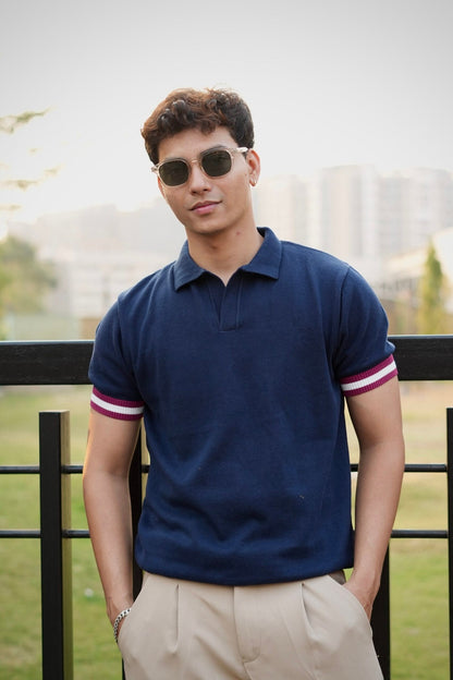 Knitted Polo T-Shirt – Navy Blue with Maroon & White Rib image 0
