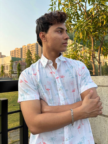 WHITE FLAMINGO PRINT HALF SLEEVES SHIRT image 1