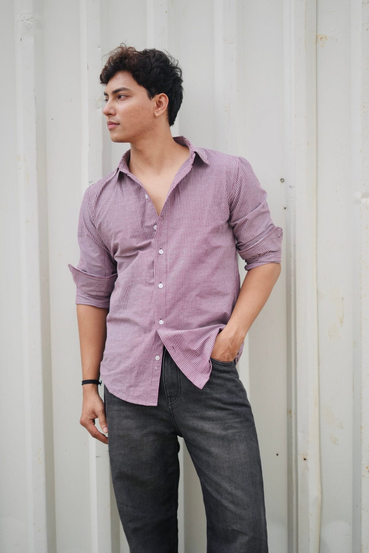 Wine Red & White Vertical Striped F/S Popcorn Shirt image 6