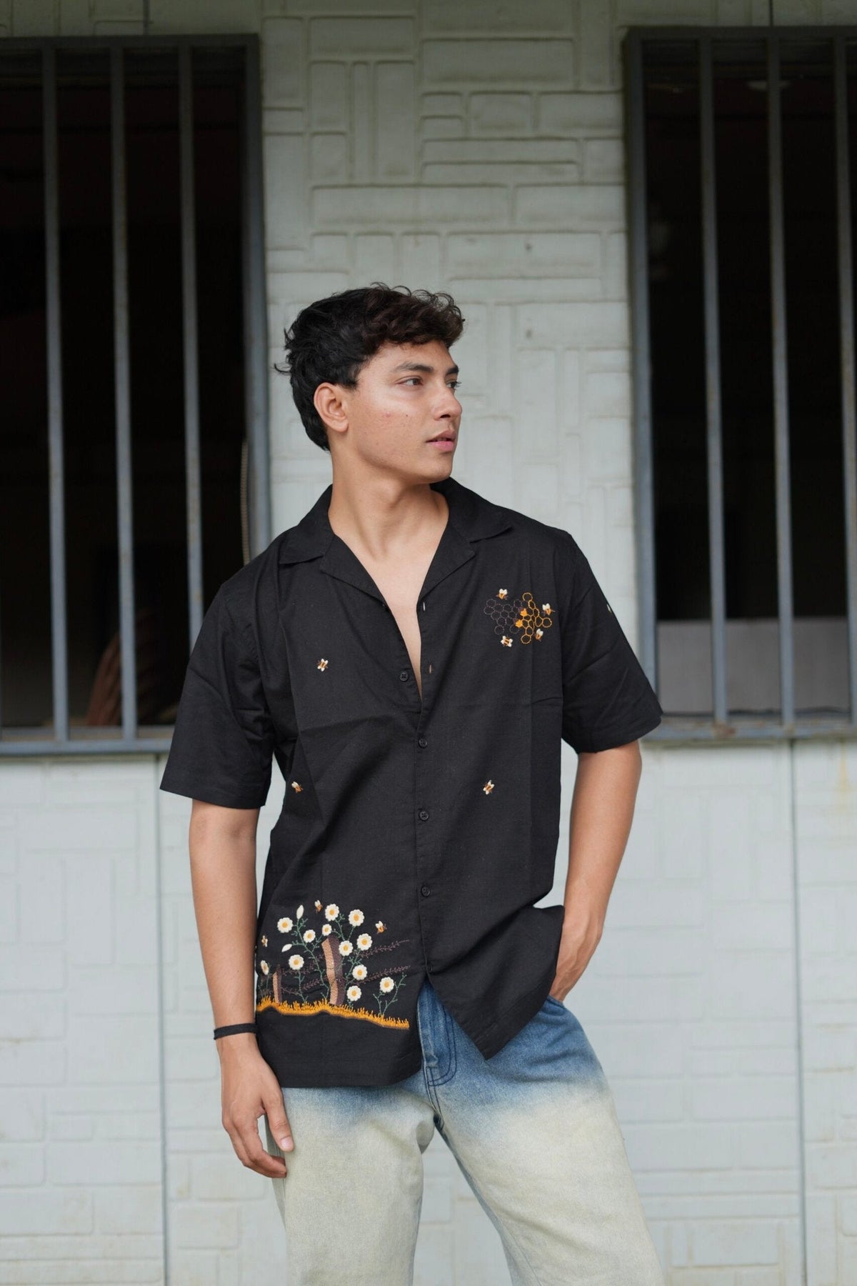 Black Buzz Garden Cuban Collar Shirt With Bee & Nature Embroidery image 3
