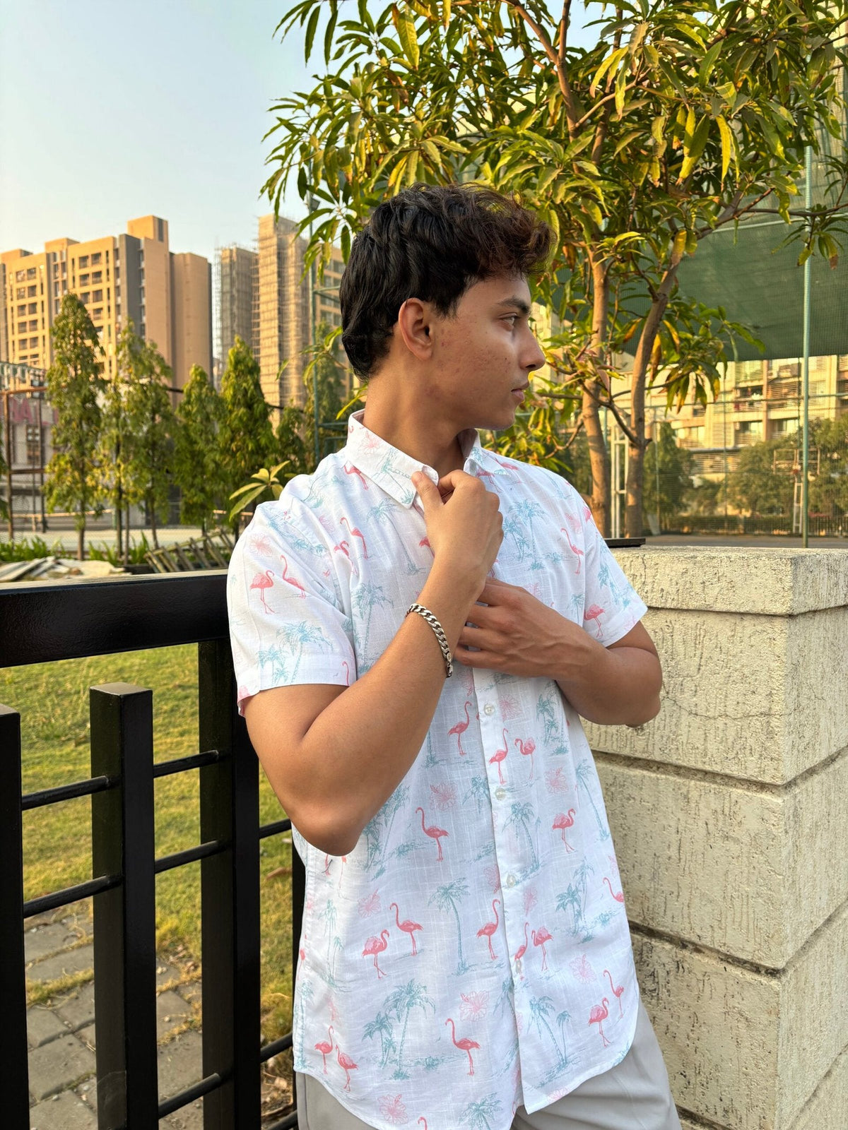 WHITE FLAMINGO PRINT HALF SLEEVES SHIRT image 0