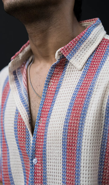 CROCHET RED WHITE STRIPES HALF SLEEVES SHIRT image 1