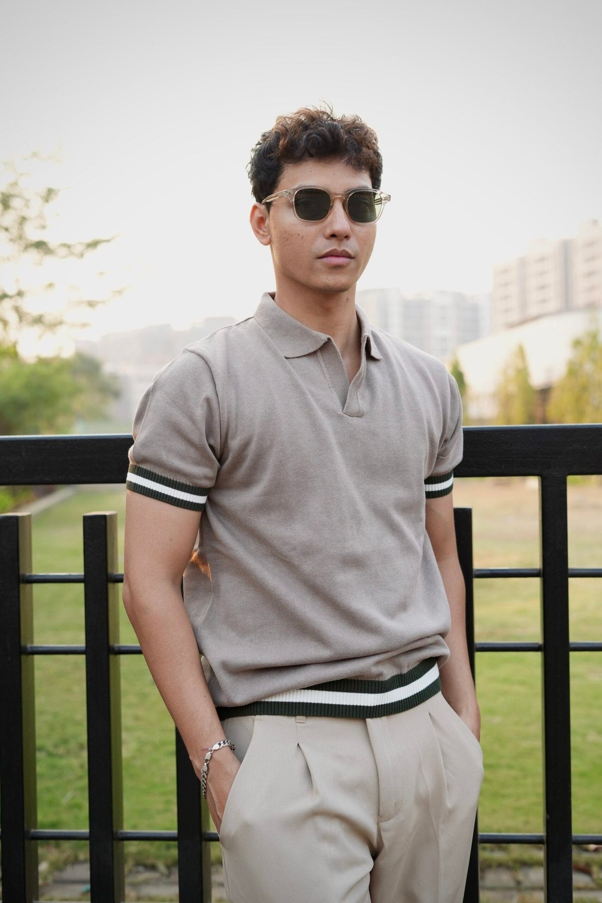 Knitted Polo T-Shirt – Dusty Grey with Green & White Rib image 4