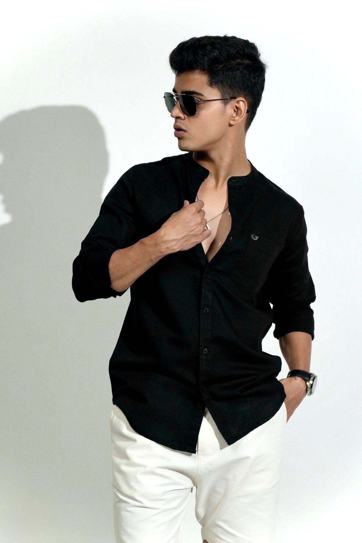 Cotton Linen Chinese Collar Black Shirt image 3