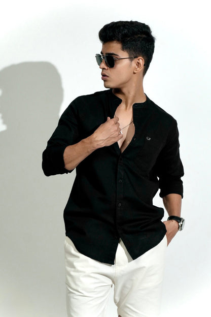 Cotton Linen Chinese Collar Black Shirt image 3