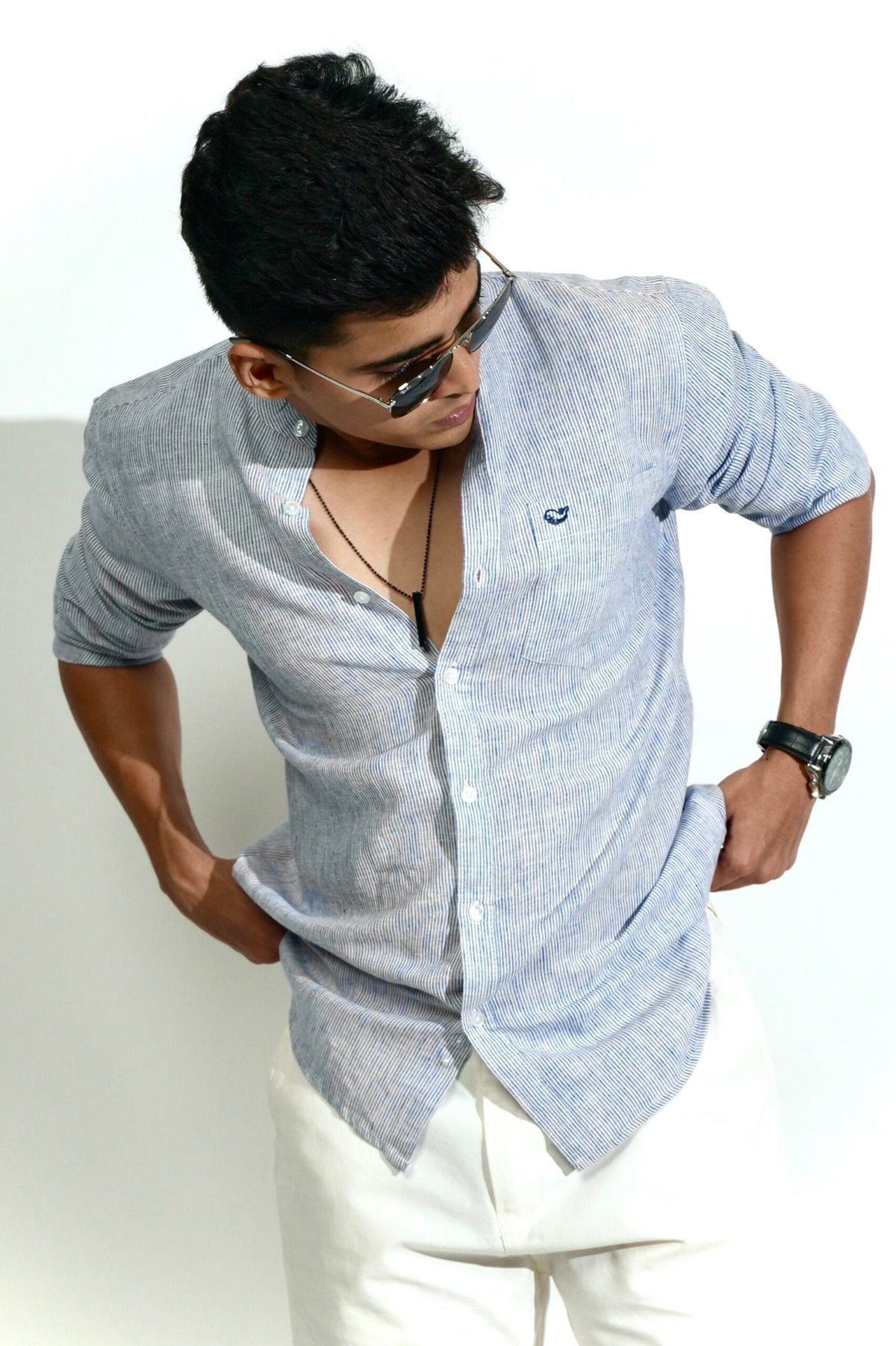 Cotton Linen Chinese Collar Blue And White Stripes Shirt image 1