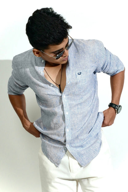 Cotton Linen Chinese Collar Blue And White Stripes Shirt image 1