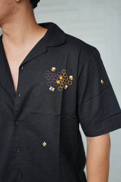 Black Buzz Garden Cuban Collar Shirt With Bee & Nature Embroidery image 5