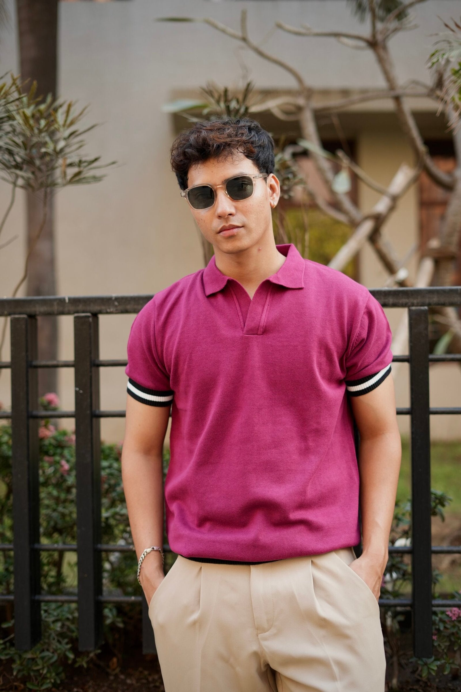 Knitted Polo T-Shirt – Dark Pink with Black & White Rib image 0