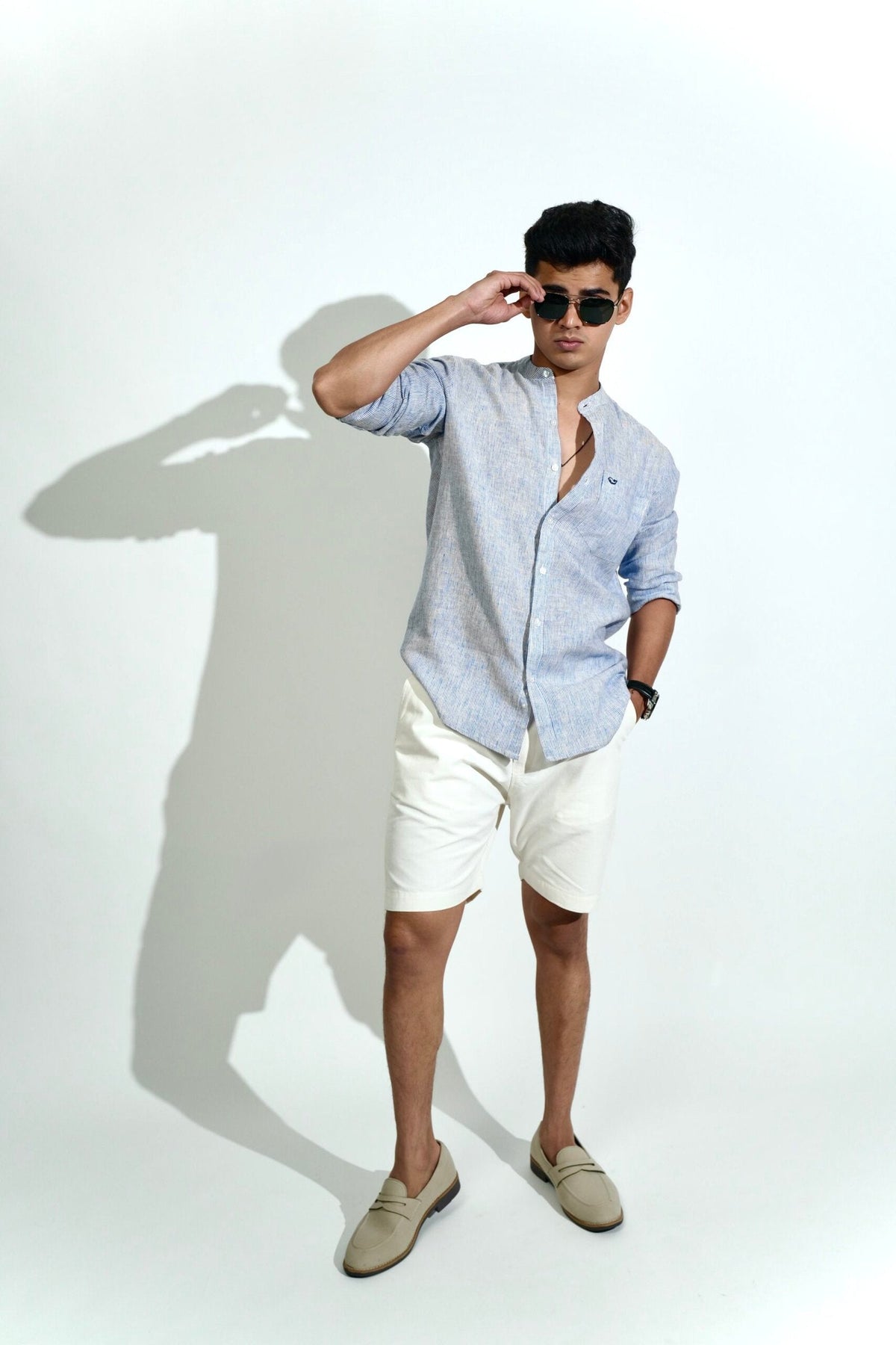 Cotton Linen Chinese Collar Blue And White Stripes Shirt image 2