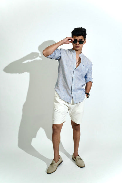Cotton Linen Chinese Collar Blue And White Stripes Shirt image 2