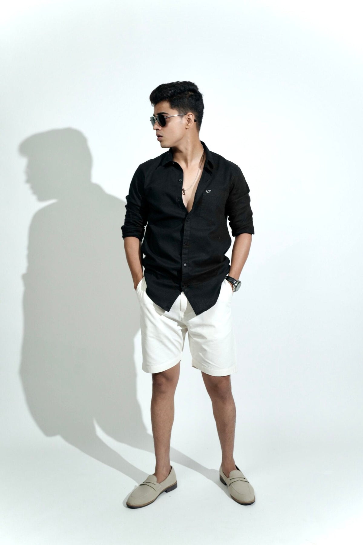 Cotton Linen Chinese Collar Black Shirt image 2