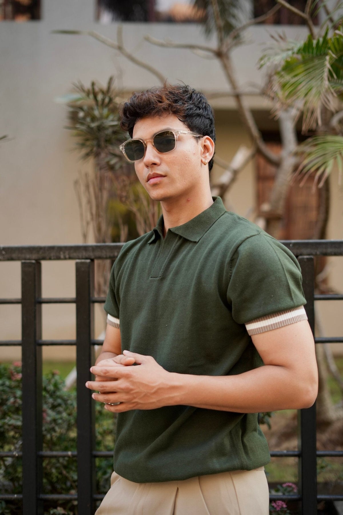 Knitted Polo T-Shirt – Olive Green with Pale Brown & White Rib image 2