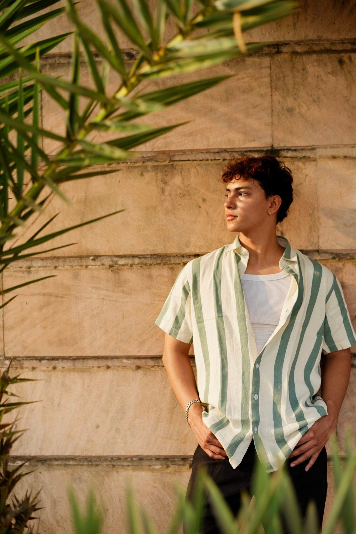 DUSKY WHITE AND GREEN STRIPES HALF SLEEVES SHIRT image 2