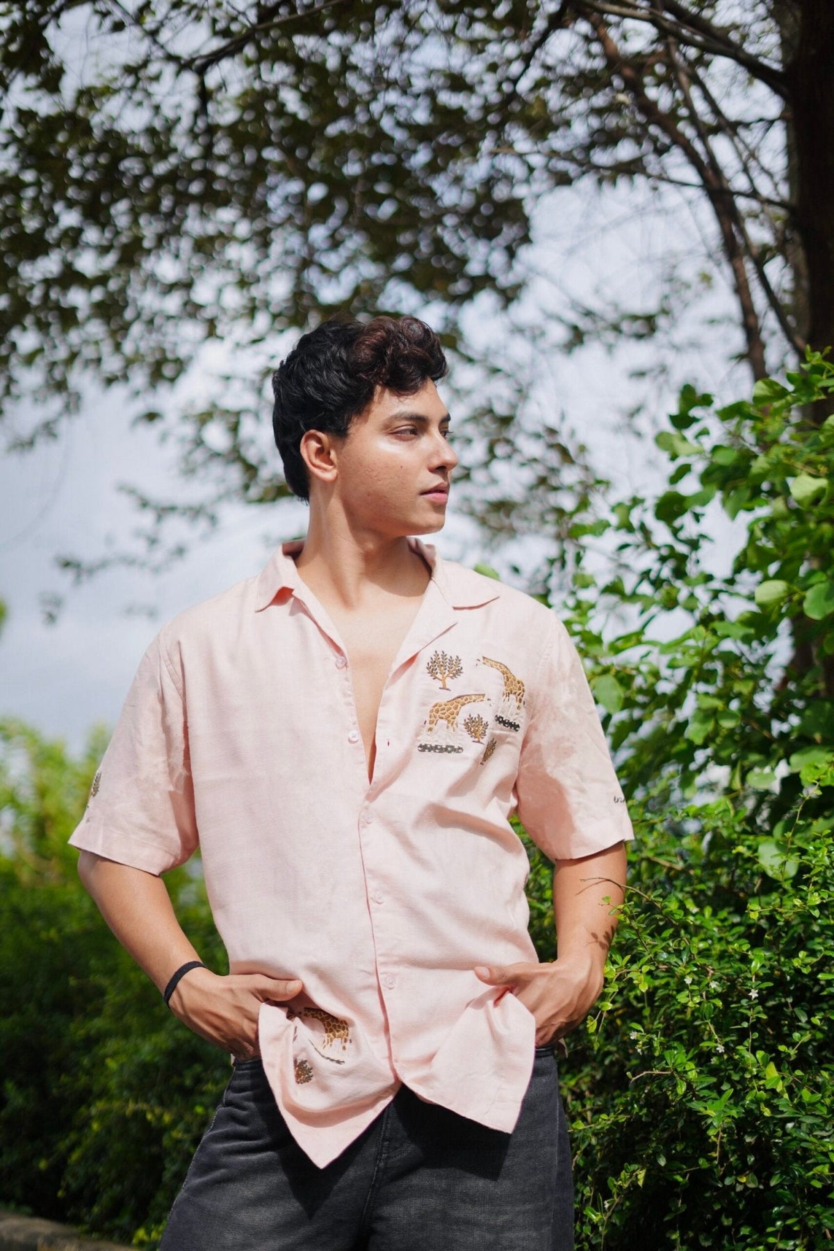 Peach Giraffe Grove Cuban Collar Shirt With Tree Embroidery image 0