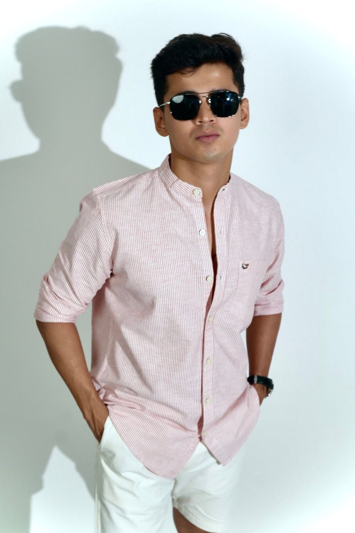 Cotton Linen Chinese Collar Red And White Stripes Shirt image 2