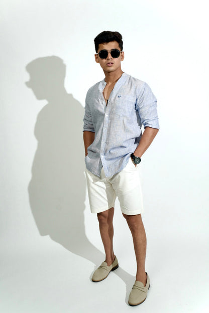 Cotton Linen Chinese Collar Blue And White Stripes Shirt image 4