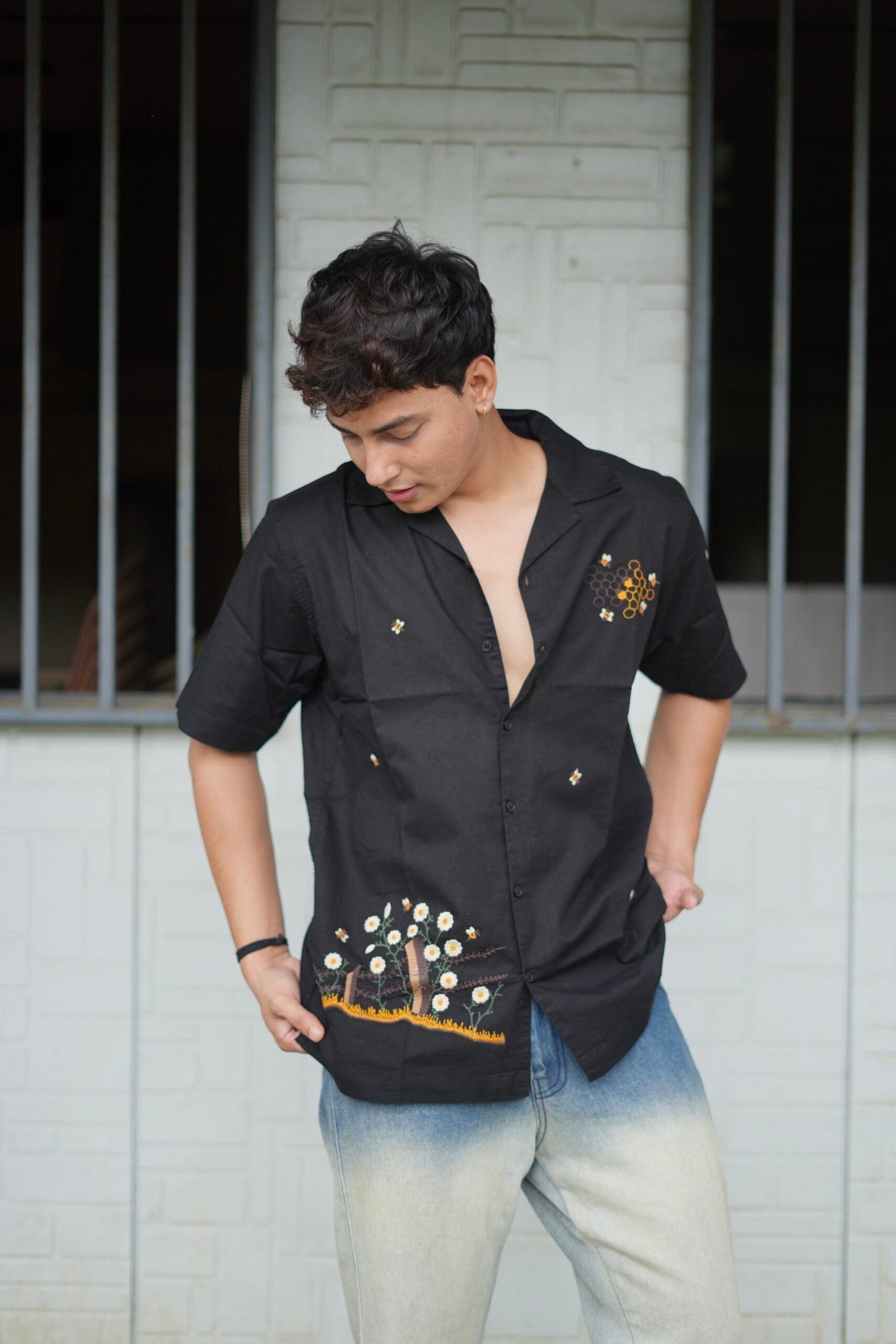 Black Buzz Garden Cuban Collar Shirt With Bee & Nature Embroidery image 0