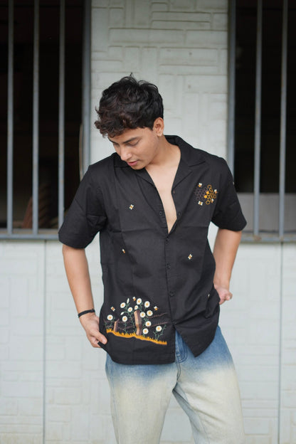 Black Buzz Garden Cuban Collar Shirt With Bee & Nature Embroidery image 0