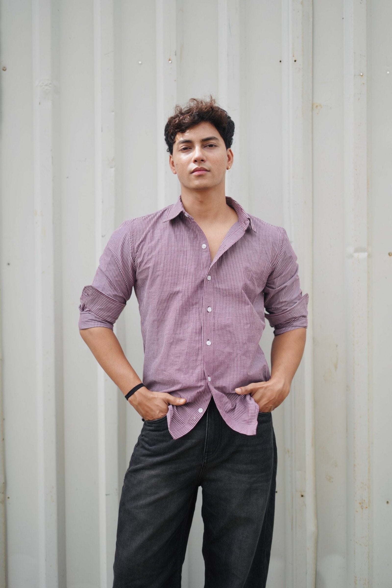 Wine Red & White Vertical Striped F/S Popcorn Shirt image 0