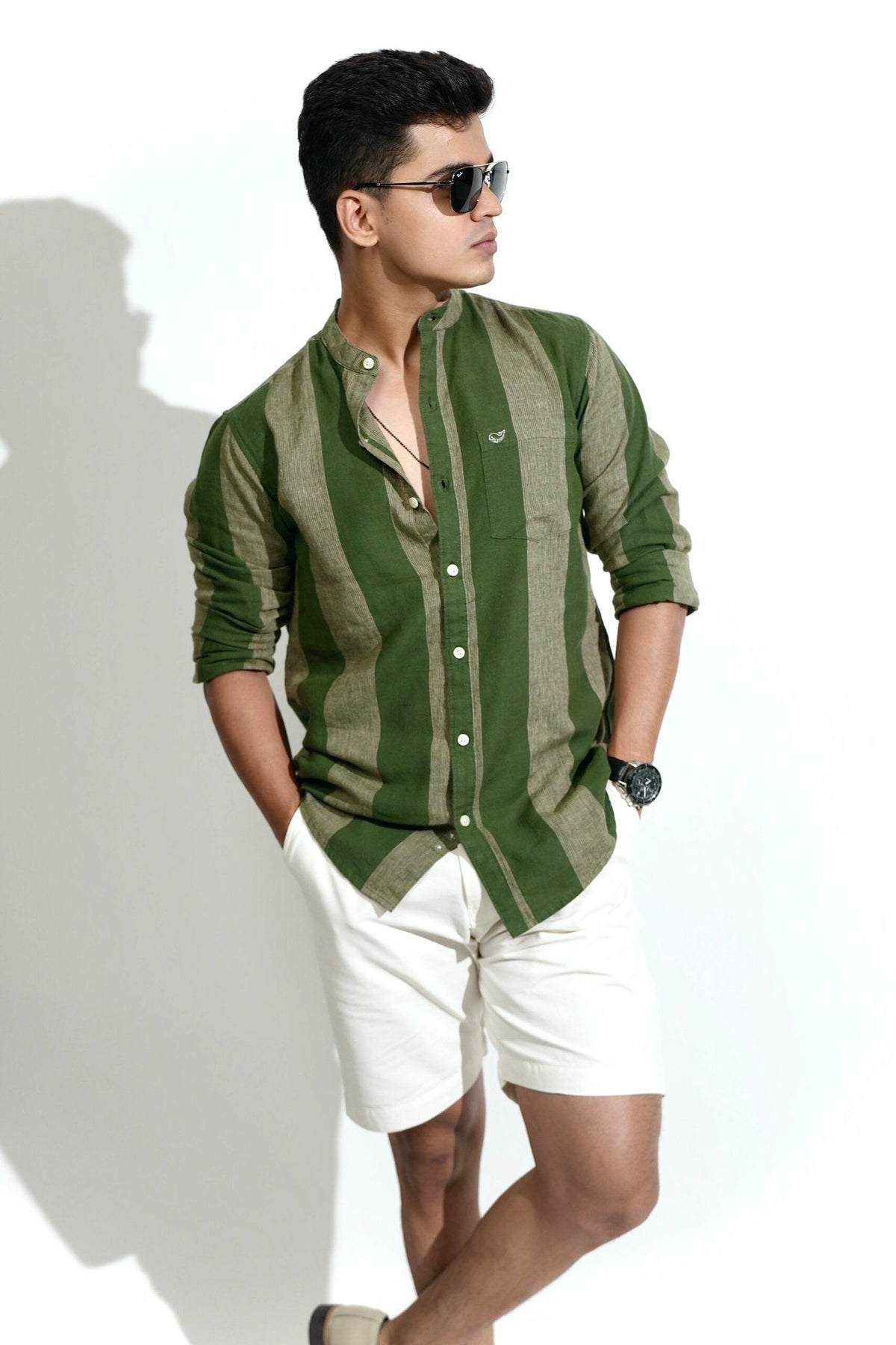 Cotton Linen Chinese Collar Peacock Green Stripes Shirt image 3