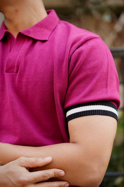 Knitted Polo T-Shirt – Dark Pink with Black & White Rib image 2
