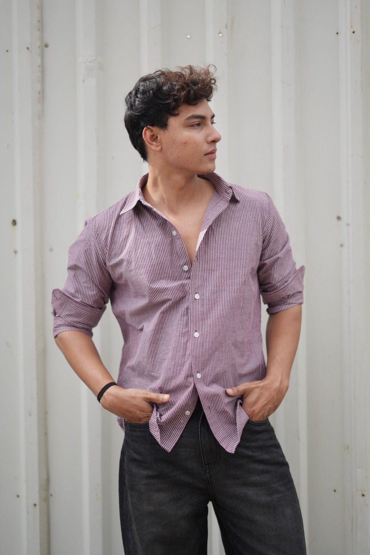 Wine Red & White Vertical Striped F/S Popcorn Shirt image 4