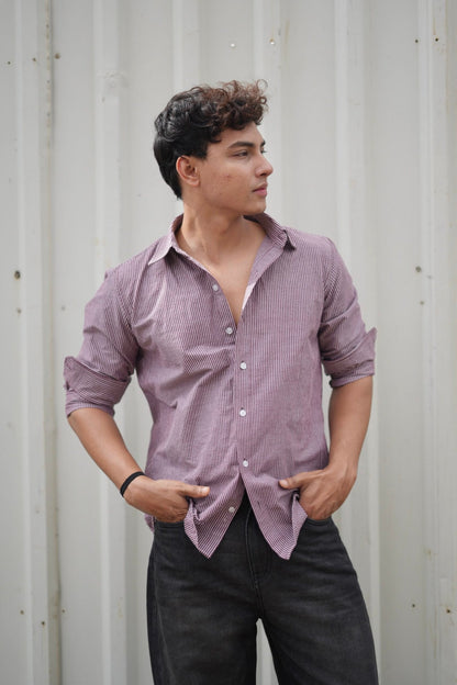 Wine Red & White Vertical Striped F/S Popcorn Shirt image 4