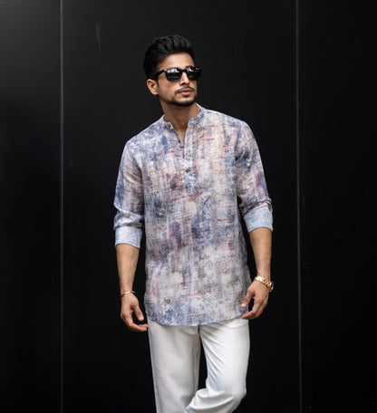 Blue Abstract Printed Full Sleeves Kurta image 3