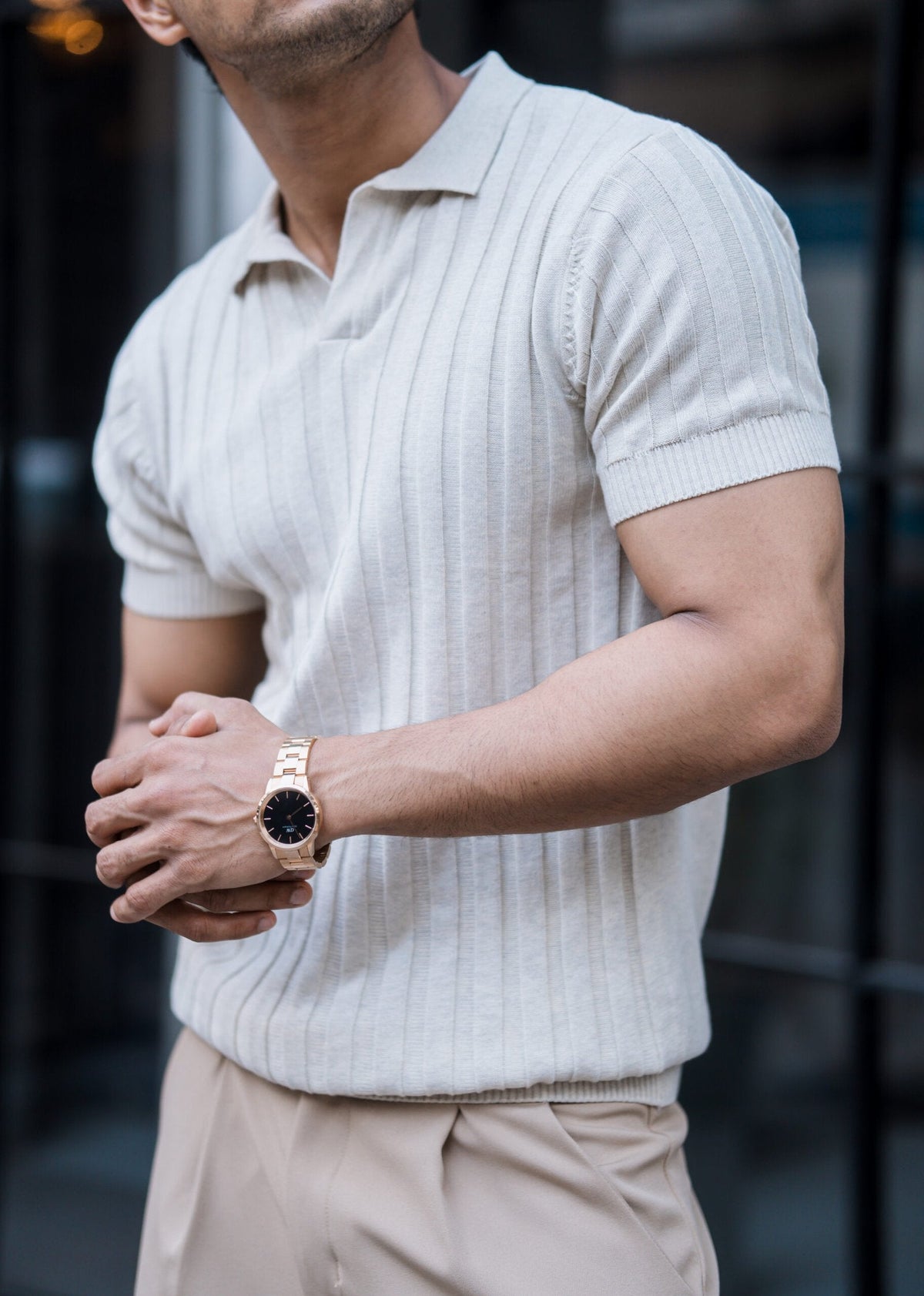 RIBBED KNITTED OFF WHITE HALF SLEEVES POLO T-SHIRT image 1