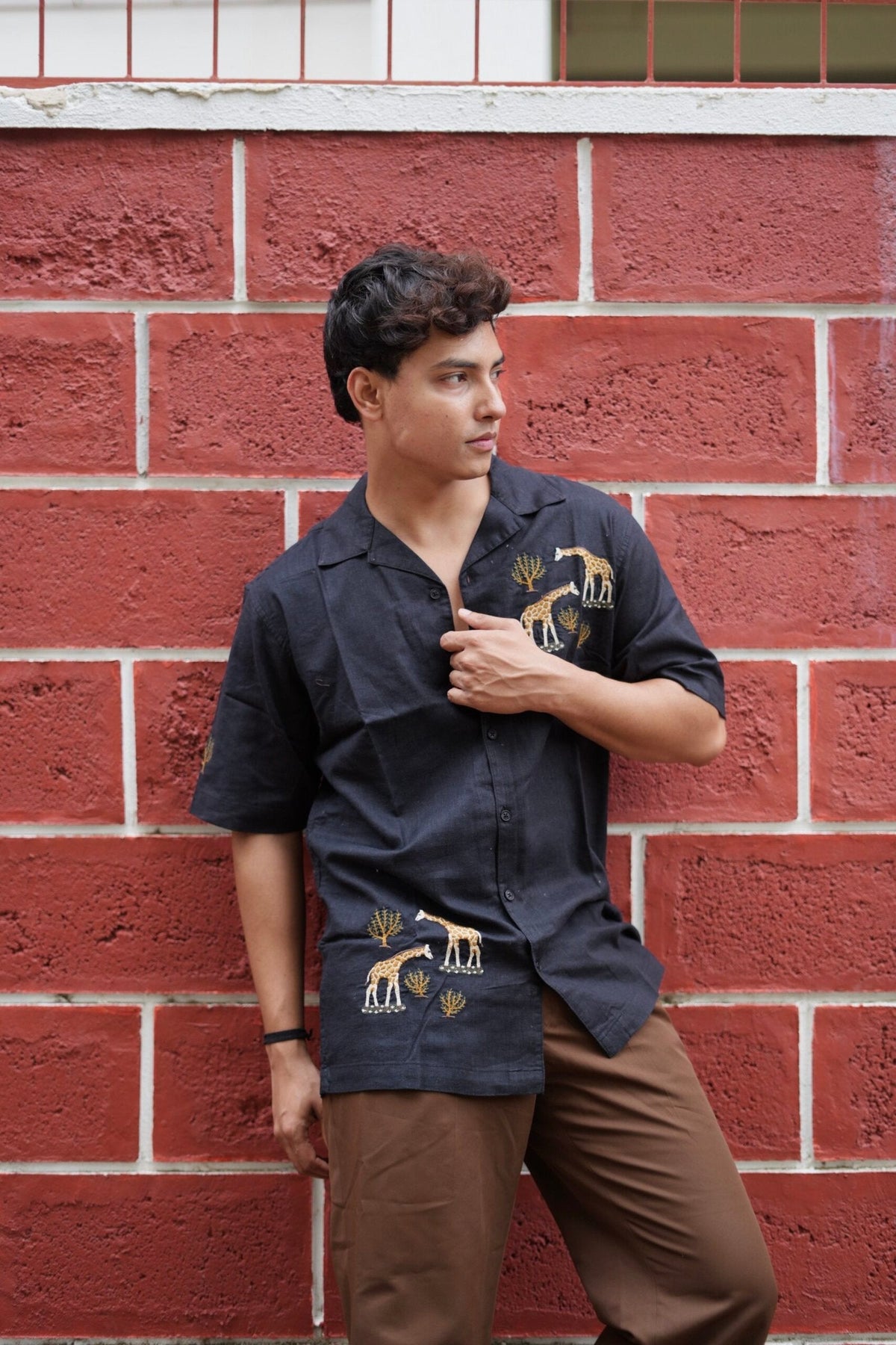Black Giraffe Grove Cuban Collar Shirt With Tree Embroidery image 1