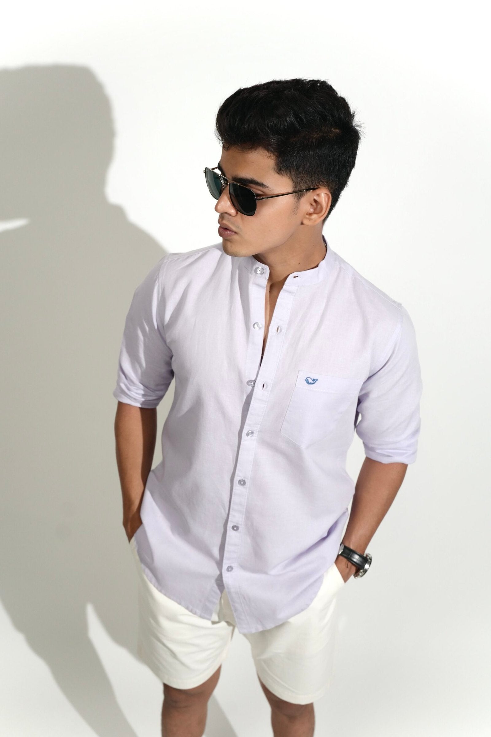 Cotton Linen Chinese Collar Lilac Shirt image 0