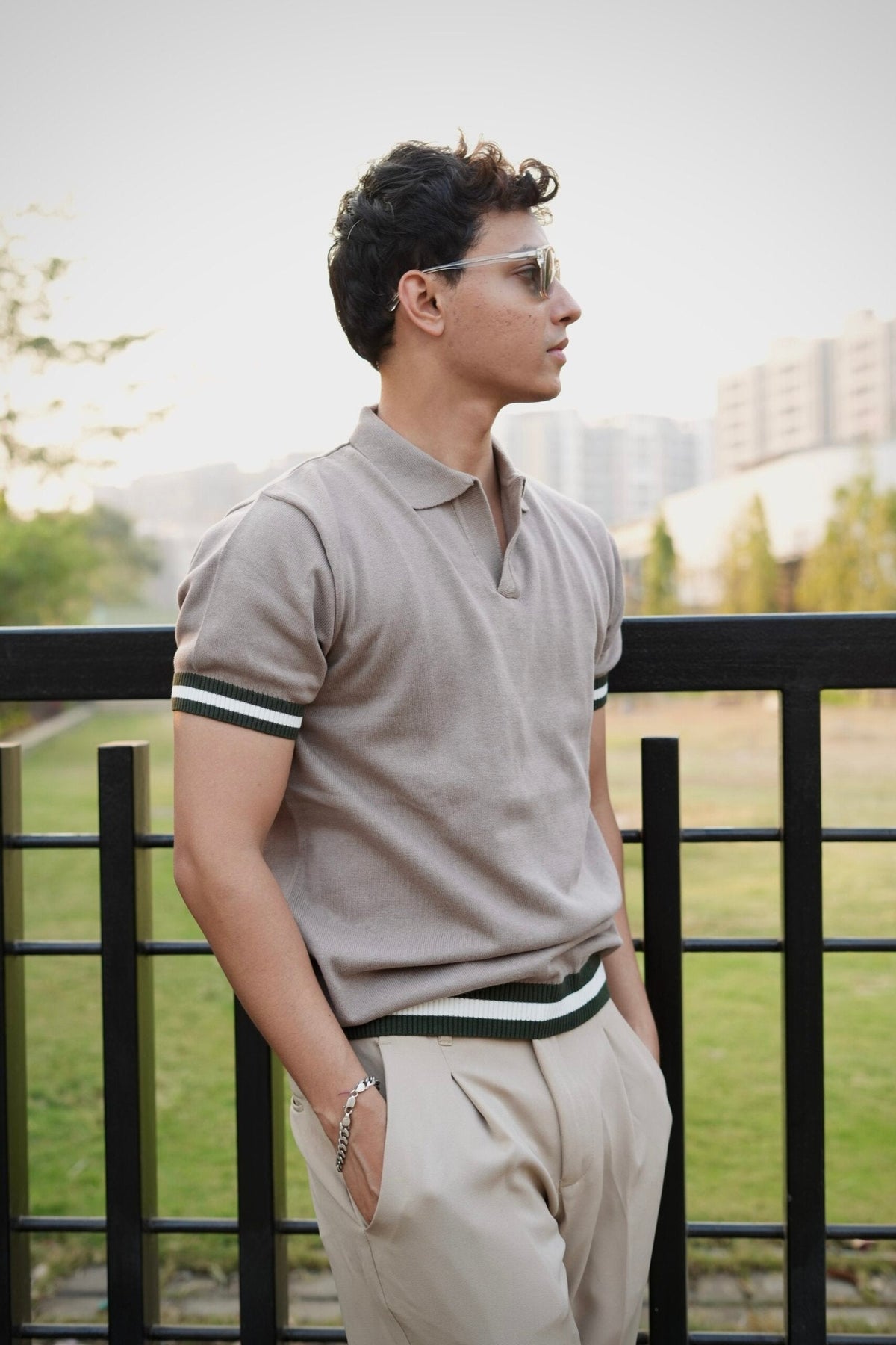 Knitted Polo T-Shirt – Dusty Grey with Green & White Rib image 3
