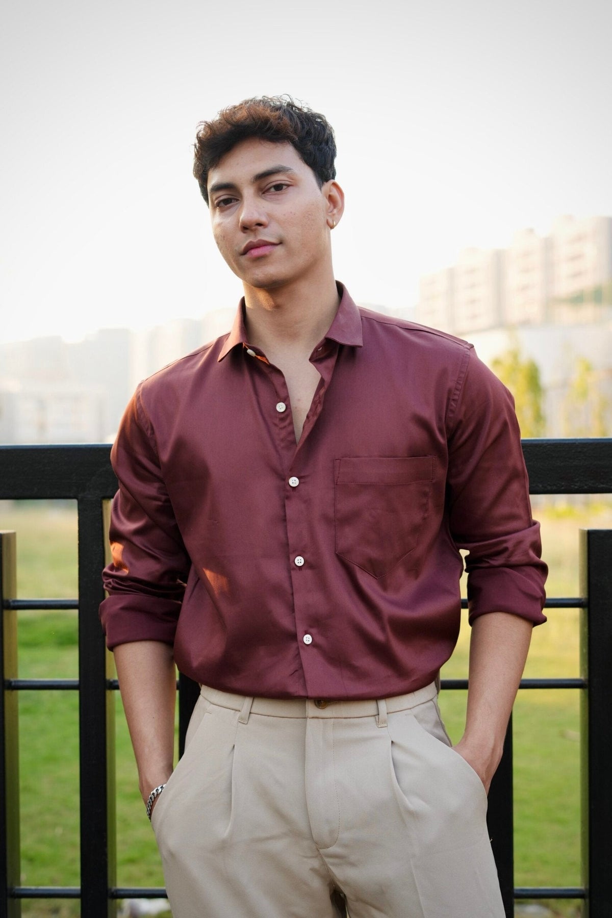 DARK BROWN SATIN SHIRT image 1