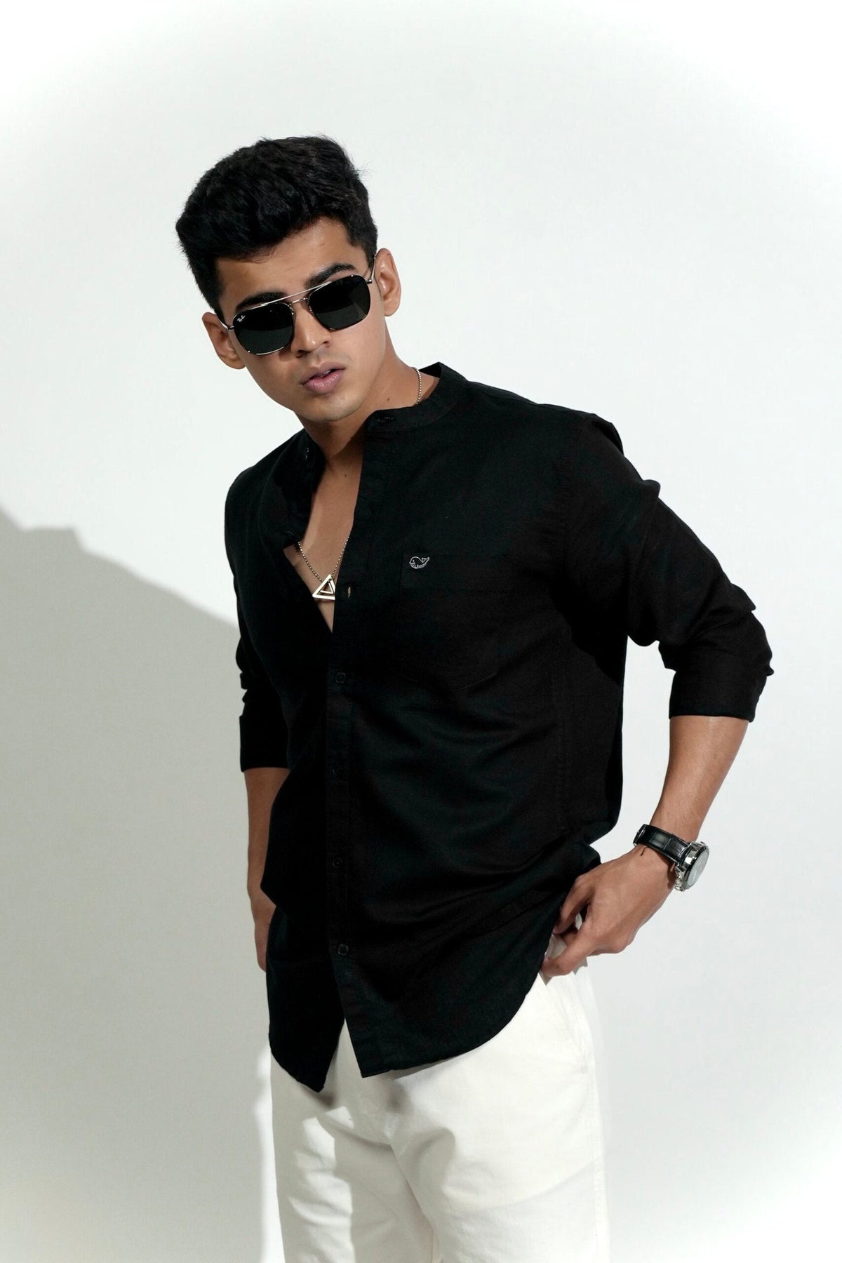 Cotton Linen Chinese Collar Black Shirt image 1