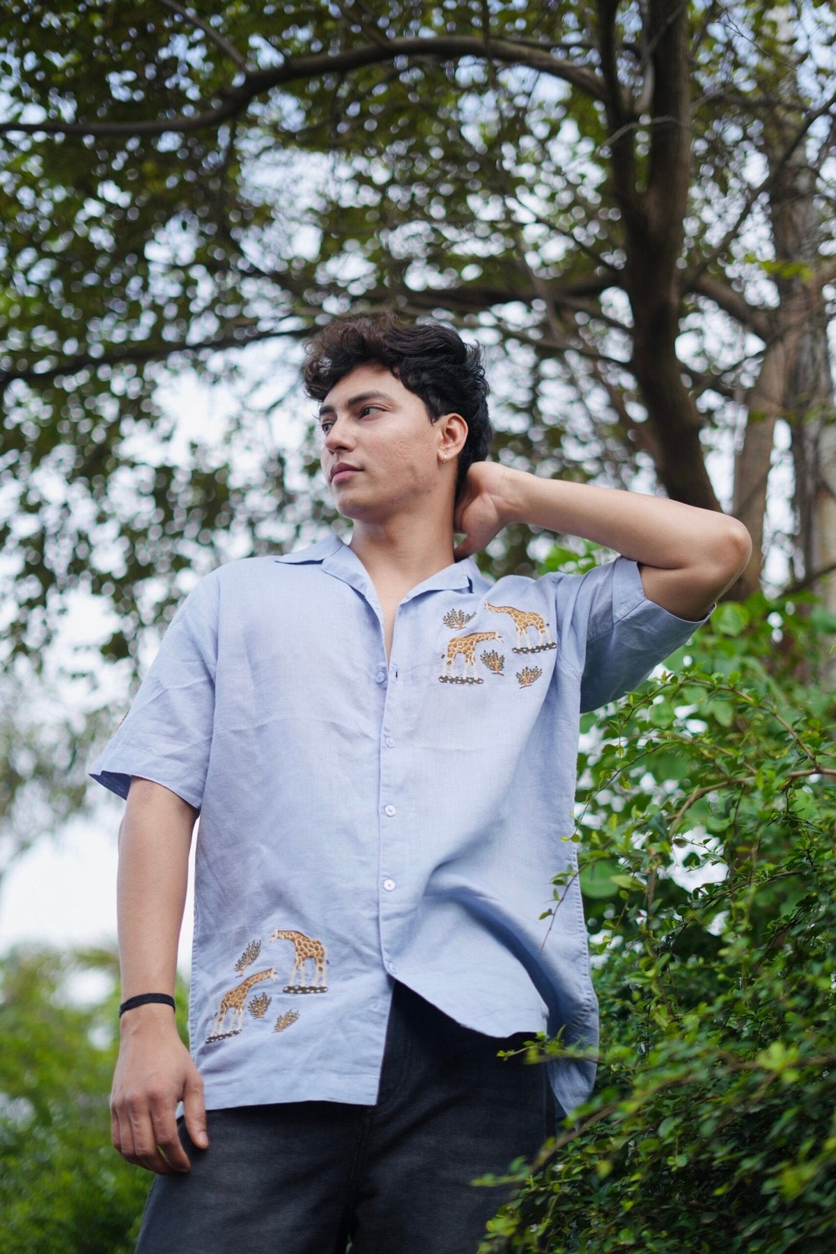 Light Blue Giraffe Grove Cuban Collar Shirt With Tree Embroidery image 4