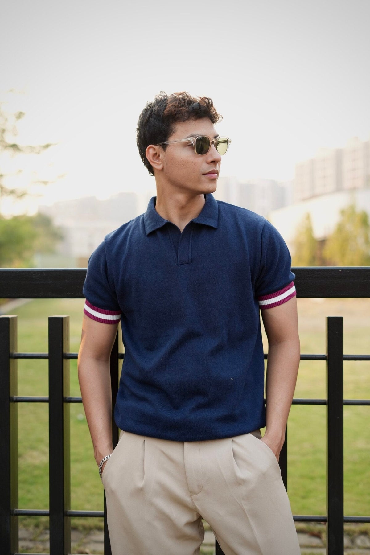 Knitted Polo T-Shirt – Navy Blue with Maroon & White Rib image 2