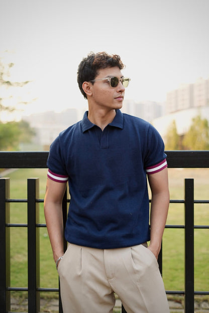 Knitted Polo T-Shirt – Navy Blue with Maroon & White Rib image 2