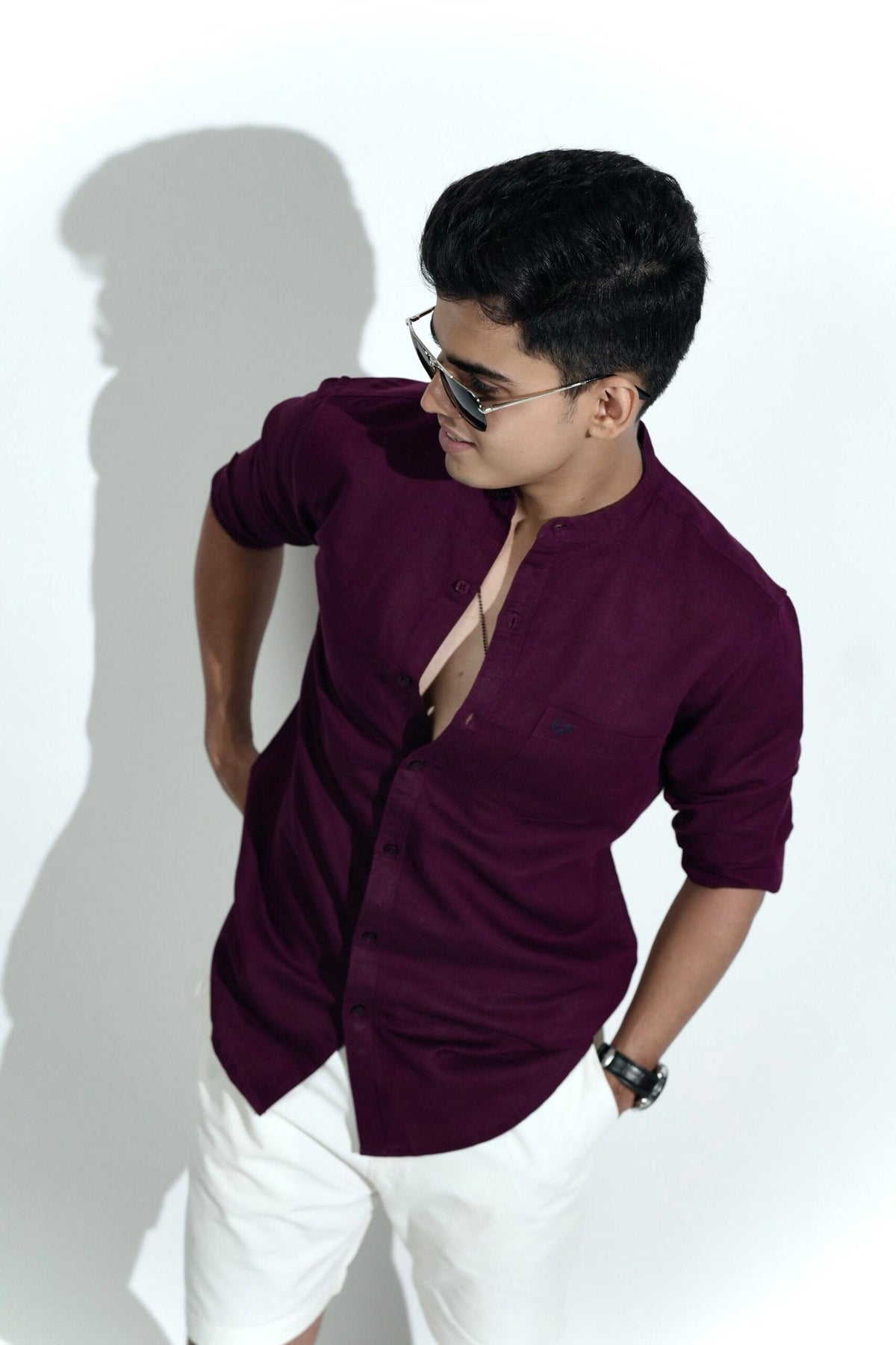 Cotton Linen Chinese Collar Maroon Shirt image 1