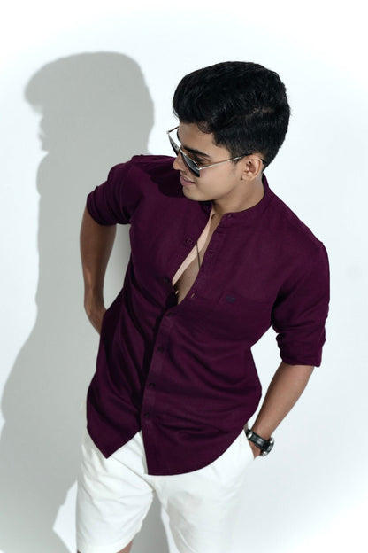 Cotton Linen Chinese Collar Maroon Shirt image 1