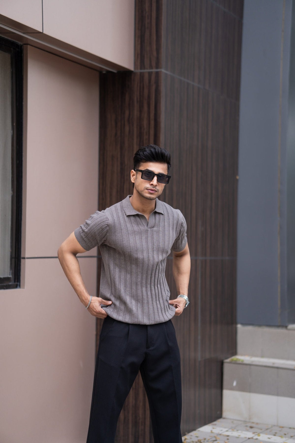 RIBBED KNITTED CHARCOAL HALF SLEEVES POLO T-SHIRT image 4
