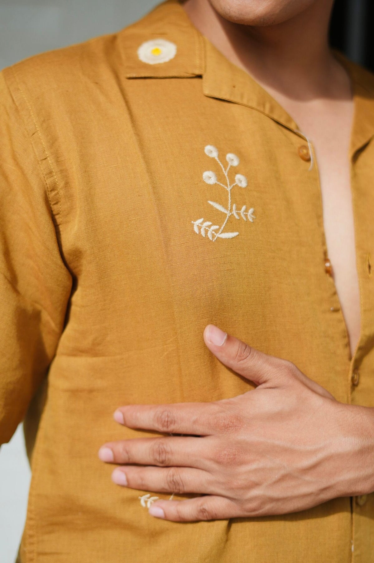 Mustard Yellow Cuban Collar Shirt With Minimal Floral Embroidery image 2