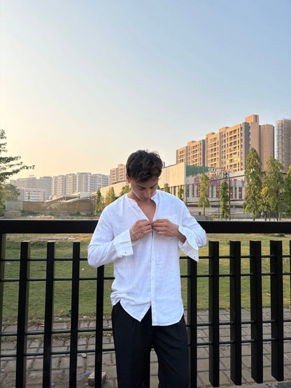 COTTON LINEN CHINESE COLAR WHITE SHIRT image 4